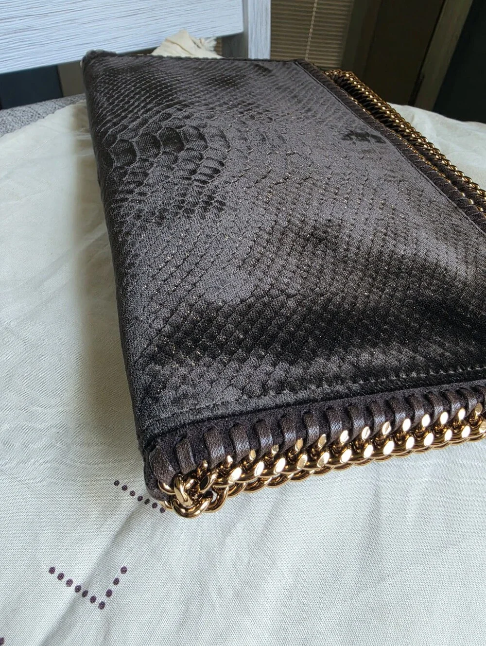 Stella McCartney Black Faux-Snake Foldover Chain Clutch with Gold Trim